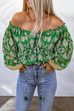 Load image into Gallery viewer, Printed Tassel Tie Balloon Sleeve Blouse