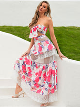 Load image into Gallery viewer, Floral Tie Front Cropped Top and Spliced Lace Skirt Set