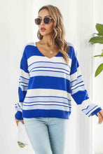 Load image into Gallery viewer, Striped V-Neck Dropped Shoulder Sweater