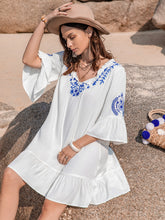 Load image into Gallery viewer, Printed Tie Neck Flounce Sleeve Mini Dress