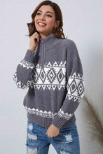 Load image into Gallery viewer, Zip-Up Geometrical Pattern Pullover Sweater