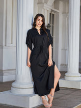 Load image into Gallery viewer, High Slit Roll-tab Sleeve Notched Neck Maxi Dress