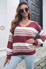 Load image into Gallery viewer, Striped V-Neck Dropped Shoulder Sweater