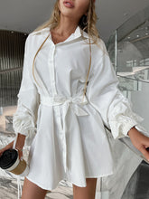 Load image into Gallery viewer, Drawstring Balloon Sleeves Belted Mini Shirt Dress