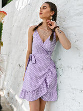 Load image into Gallery viewer, Polka Dot Tie Waist Ruffle Hem Mini Wrap Dress