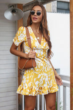 Load image into Gallery viewer, Printed Deep V Gathered Short Sleeve Mini Dress