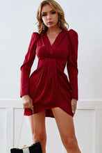 Load image into Gallery viewer, Ruched Puff Sleeve Surplice Tulip Hem Mini Dress