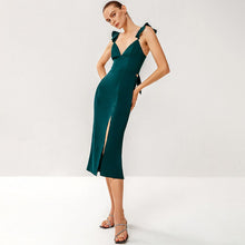 Load image into Gallery viewer, Ruffle Shoulder Tie-Back Split Sheath Dress