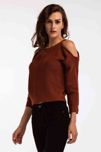 Load image into Gallery viewer, Double Take Round Neck Cold-Shoulder Ribbed Sweater