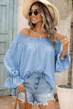 Load image into Gallery viewer, Off-Shoulder Flare Sleeve Smocked Neck Blouse