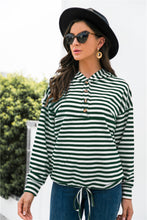 Load image into Gallery viewer, Striped Half-Button Dropped Shoulder Hoodie