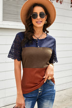 Load image into Gallery viewer, Color Block Spliced Lace Buttoned Tee