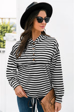 Load image into Gallery viewer, Striped Half-Button Dropped Shoulder Hoodie