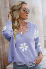 Load image into Gallery viewer, Flower Distressed Ribbed Trim Sweater