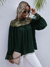 Load image into Gallery viewer, Semi-Sheer Lace Trim Mock Neck Blouse