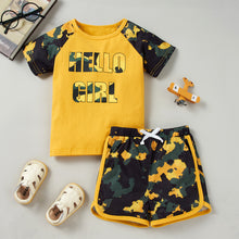 Load image into Gallery viewer, Kids HELLO GIRL Printed Raglan Sleeve Tee and Shorts Set
