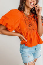 Load image into Gallery viewer, Openwork Round Neck Balloon Sleeve Blouse