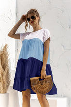 Load image into Gallery viewer, Color Block Round Neck Ruffle Hem Dress