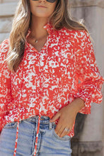Load image into Gallery viewer, Printed Tie Neck Flounce Sleeve Blouse