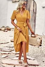 Load image into Gallery viewer, Belted Flutter Sleeve Tiered Surplice Dress