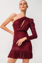Load image into Gallery viewer, Sequin One-Shoulder Fringe Hem Dress