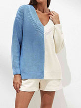 Load image into Gallery viewer, Contrast V-Neck Dropped Shoulder Sweater