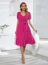 Load image into Gallery viewer, Smocked Tie Front Short Sleeve Tiered Dress