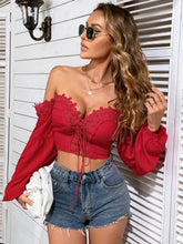 Load image into Gallery viewer, Spliced Lace Tie Front Balloon Sleeve Top