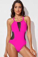 Load image into Gallery viewer, Spliced Mesh Halter Neck One-Piece Swimsuit