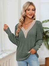 Load image into Gallery viewer, Lace Detail V-Neck Ribbed Blouse