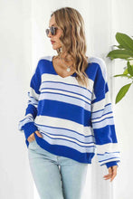 Load image into Gallery viewer, Striped V-Neck Dropped Shoulder Sweater