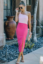 Load image into Gallery viewer, Color Block Side Slit One-Shoulder Midi Dress