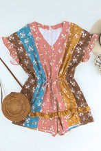 Load image into Gallery viewer, Floral Color Block Ruffled Zip-Back Romper