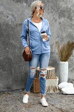 Load image into Gallery viewer, Distressed Zip Up Drawstring Detail Hoodie