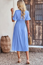 Load image into Gallery viewer, Gathered Detail Buttoned V-Neck Midi Dress