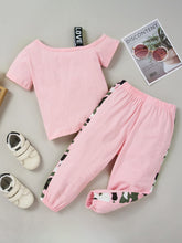 Load image into Gallery viewer, Girls Color Block Printed Cold-Shoulder Tee and Joggers Set