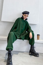 Load image into Gallery viewer, Button Down Asymmetrical Top and Chain Detail Pants Set