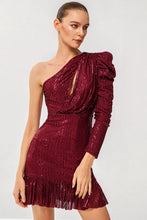 Load image into Gallery viewer, Sequin One-Shoulder Fringe Hem Dress