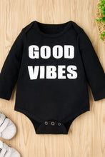 Load image into Gallery viewer, Baby Girl GOOD VIBES Bodysuit and Striped Overalls Set
