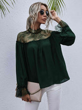 Load image into Gallery viewer, Semi-Sheer Lace Trim Mock Neck Blouse