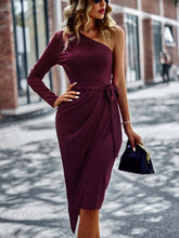 Load image into Gallery viewer, One-Shoulder Pleated Detail Belted Dress