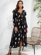 Load image into Gallery viewer, Printed Tie Front Ruffle Trim Long Sleeve Dress