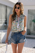 Load image into Gallery viewer, Floral Tie-Neck Frill Trim Sleeveless Top