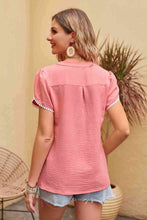 Load image into Gallery viewer, Contrast Trim Pom-Pom Detail Notched Neck Blouse