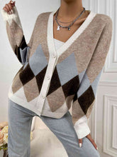 Load image into Gallery viewer, Geometric Button-Up V-Neck Dropped Shoulder Cardigan