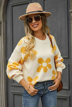 Load image into Gallery viewer, Floral Print Round Neck Dropped Shoulder Pullover Sweater