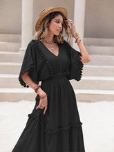 Load image into Gallery viewer, Tassel Trim Smocked V-Neck Short Sleeve Dress