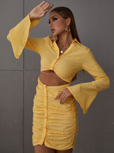 Load image into Gallery viewer, Ruched Cutout Flared Sleeve Mini Dress