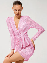 Load image into Gallery viewer, Sequined Puff Sleeve Ruffled Mini Wrap Dress