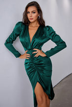 Load image into Gallery viewer, Ruched Tulip Hem Puff Sleeve Plunge Satin Dress